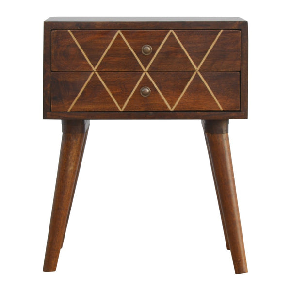 English Elm Geo Brass Inlay Bedside Chestnut with Gold Accents, 2-Drawer Nordic Legs Nightstand for Cozy Style B182P166486