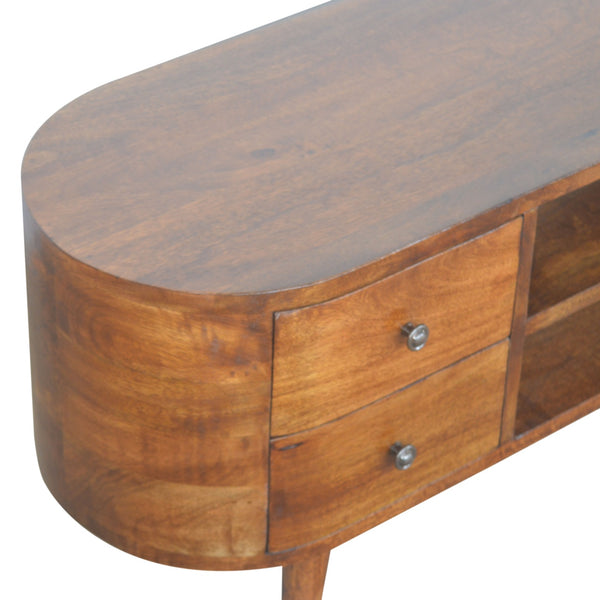 English Elm Chestnut Rounded Entertainment Unit With Nordic Legs, 4 Drawers & Open Slots For Stylish Storage B182P166512