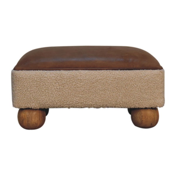 English Elm Solid Wood Vintage Leather Boucle Footstool – Artisan Crafted Modern Accent For Cozy Spaces B182P280796-GIGA
