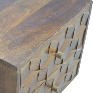 English Elm Chestnut Solid Wood Cube Bedside Nightstand with Carved Front, Nordic Legs, 2 Drawers, Brown Finish B182P166503