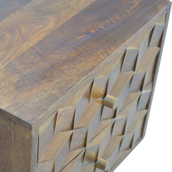 English Elm Chestnut Solid Wood Cube Bedside Nightstand with Carved Front, Nordic Legs, 2 Drawers, Brown Finish B182P166503
