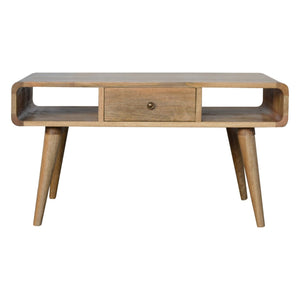 English Elm Curved Oak-Ish Coffee Table With 2 Drawers & Open Slots - Scandinavian Style For Modern Living Rooms B182P166496