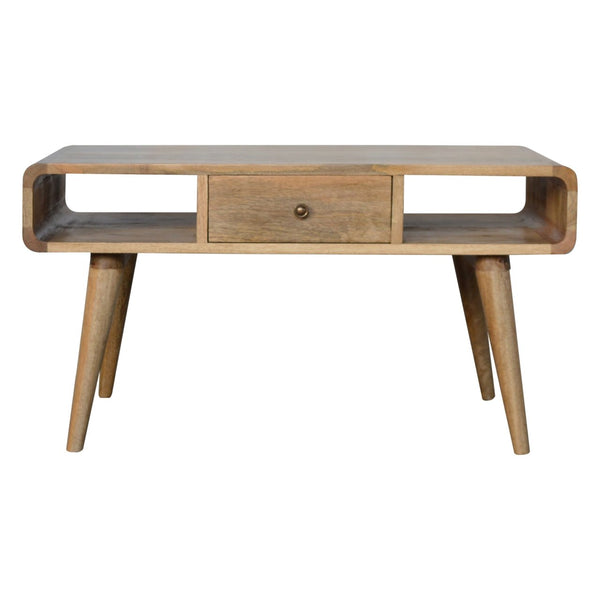 English Elm Curved Oak-Ish Coffee Table With 2 Drawers & Open Slots - Scandinavian Style For Modern Living Rooms B182P166496