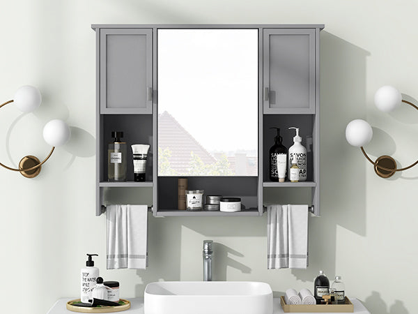 English Elm 35'' Modern Wall-Mounted Medicine Cabinet with Mirror, Ample Storage, Adjustable Shelves & Towel Bar Grey WF317173AAE