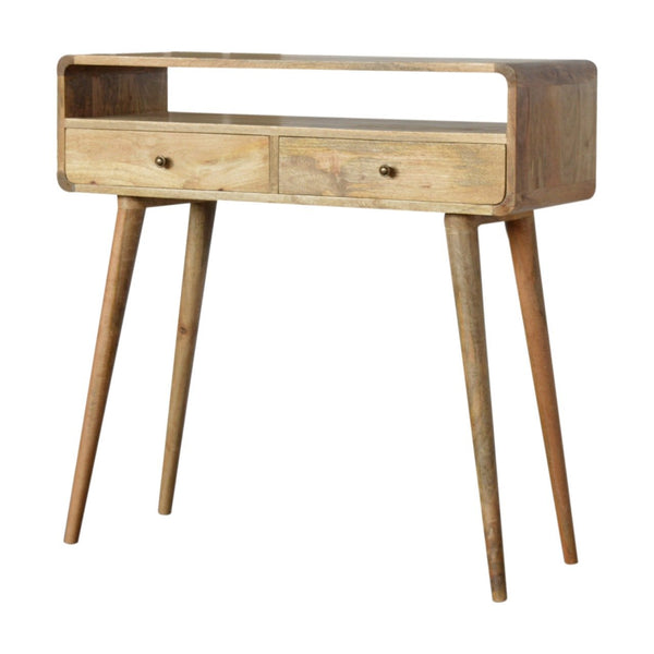 English Elm Curved Oak-Ish Console Table With Nordic Legs – Stylish 2-Drawer Storage For Modern Spaces B182P166497