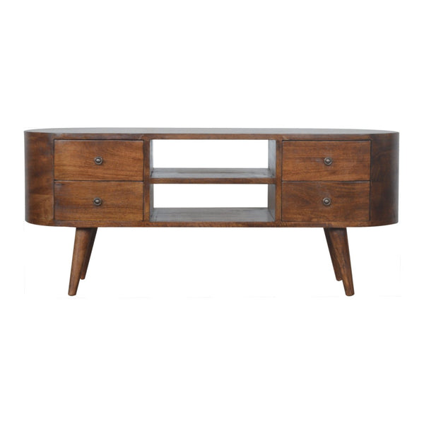 English Elm Chestnut Rounded Entertainment Unit With Nordic Legs, 4 Drawers & Open Slots For Stylish Storage B182P166512