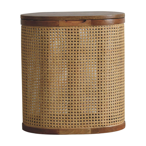 English Elm Larissa Stylish Lid-Up Storage Stool For Modern Living - Oak-Finish Wood & Woven Rattan Design B182P166605