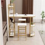 Hearth and Haven 3 Pcs Bar Table and Chairs Set, Modern White Kitchen Bar Height Dining Table Wood Breakfast Pub Table with Gold Base with Shelves, Glass Rack, Wine Bottle Rack , With 2 Bar Stools WF322499AAG
