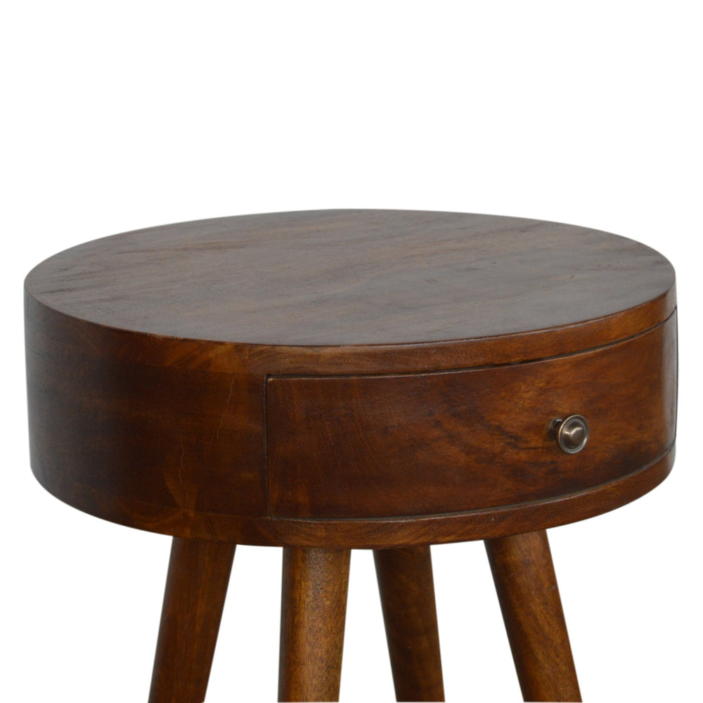 English Elm Nordic Chestnut Circular Nightstand with Solid Wood Nordic Legs, 1 Drawer — Timeless Elegant Accent B182P166532