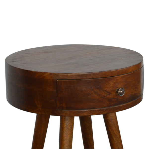 English Elm Nordic Chestnut Circular Nightstand with Solid Wood Nordic Legs, 1 Drawer — Timeless Elegant Accent B182P166532