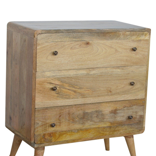 English Elm Curved Oak-ish Chest with 3 Drawers on Nordic Legs — Solid Wood Light Brown, Timeless Modern Accent B182P166520