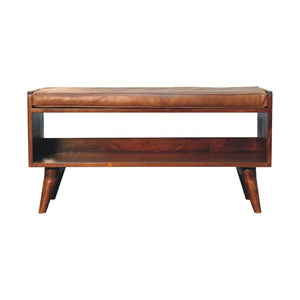 English Elm Solid Wood Chestnut Bench With Brown Leather Seat, Nordic Legs, Stylish & Versatile Home Accent B182P280812-GIGA