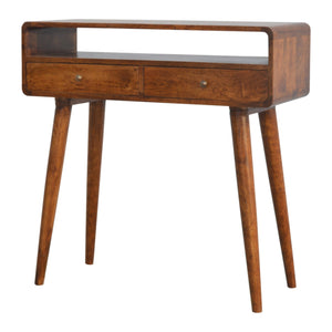 English Elm Curved Chestnut Console Table with 2 Drawers & Open Shelf, Solid Wood Accent, Timeless Elegant Design B182P166489