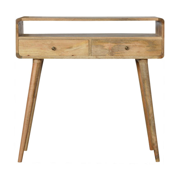 English Elm Curved Oak-Ish Console Table With Nordic Legs – Stylish 2-Drawer Storage For Modern Spaces B182P166497