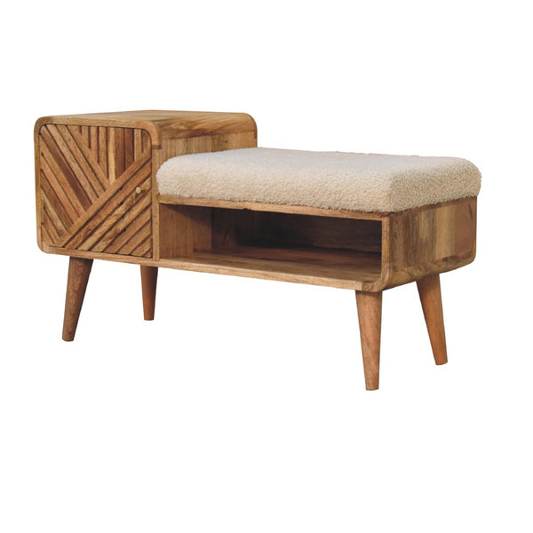 English Elm Solid Wood Boucle Upholstered Telephone Table With Carved Drawer & Open Shelf For Stylish Storage B182P280795-GIGA