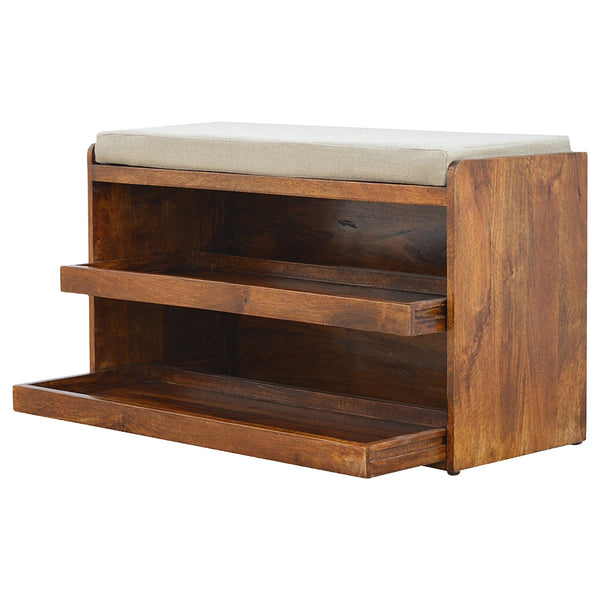 English Elm Mud Linen Pull-Out Shoe Bench With 2 Shelves For Stylish Storage And Seating In Chestnut Finish B182P166490