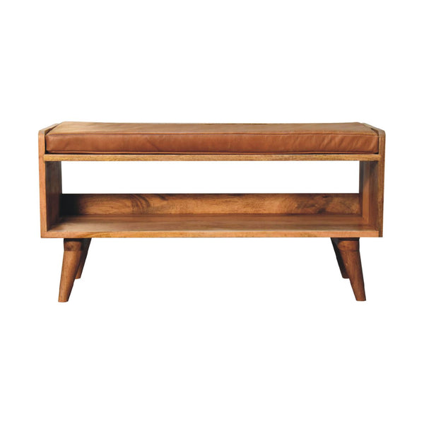 English Elm Oak-Ish Bench With Tan Leather Cushion - Stylish Entryway Seating For Modern & Rustic Spaces B182P166666