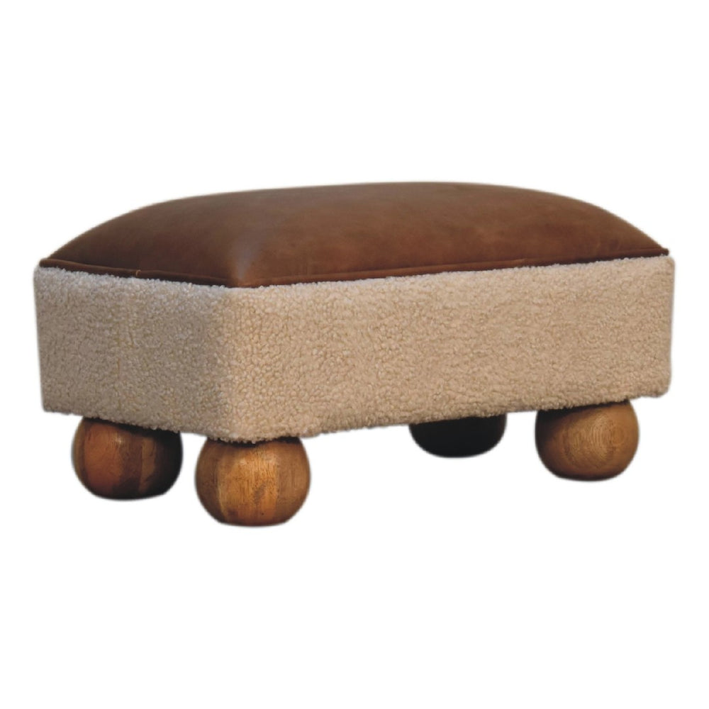English Elm Solid Wood Vintage Leather Boucle Footstool – Artisan Crafted Modern Accent For Cozy Spaces B182P280796-GIGA