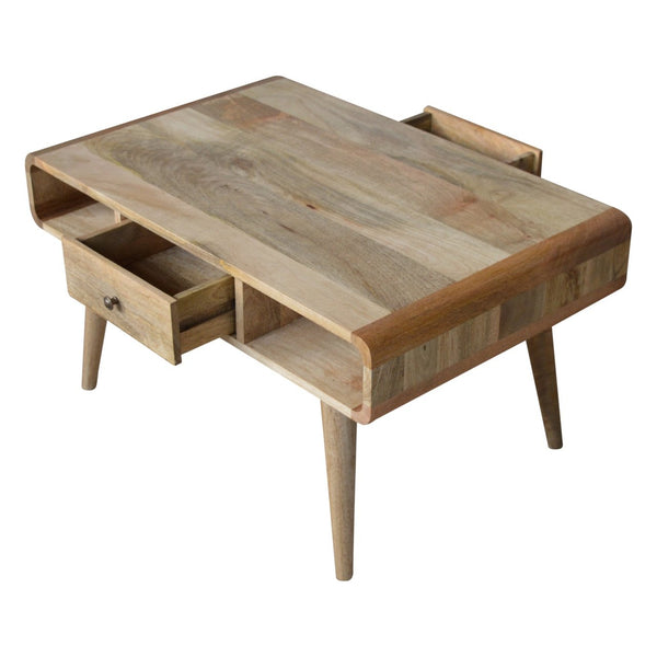 English Elm Curved Oak-Ish Coffee Table With 2 Drawers & Open Slots - Scandinavian Style For Modern Living Rooms B182P166496
