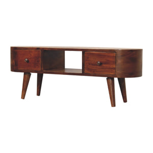 English Elm Chestnut Round Media Unit with 2 Drawers & Open Shelf — Solid Wood, Compact 43.3"L Stylish Accent B182P166579