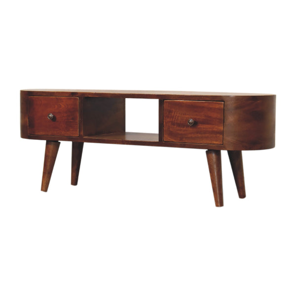 English Elm Chestnut Round Media Unit with 2 Drawers & Open Shelf — Solid Wood, Compact 43.3"L Stylish Accent B182P166579