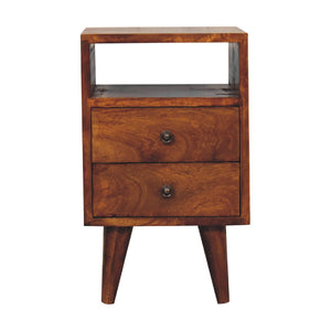English Elm Solid Wood Mini Classic Chestnut Bedside with 2 Drawers & Open Shelf, Nordic Legs, Dark Brown Finish — Timeless Elegance for Cozy Modern Homes B182P166571