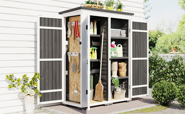 English Elm TOPMAX Outdoor 5.5ft Wood Storage Shed Cabinet with Waterproof Asphalt Roof, Lockable Doors, Sturdy White+gray SP100016AAE