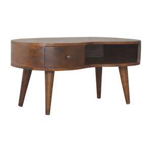 English Elm Chestnut Wave Coffee Table With Nordic Legs - Stylish 1-Drawer & Open Storage For Modern Living B182P166539