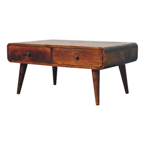 English Elm Sonata Solid Wood Coffee Table with 4 Drawers, Chestnut Brown Finish, Nordic Legs, Timeless Elegance B182P166638