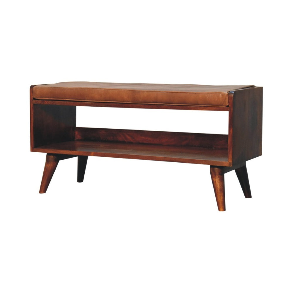 English Elm Solid Wood Chestnut Bench With Brown Leather Seat, Nordic Legs, Stylish & Versatile Home Accent B182P280812-GIGA
