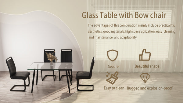 English Elm 51 Inch Glass Dining Table Set For 4 – Modern Rectangular Table & Pu Chairs For Small Spaces W2189S00267