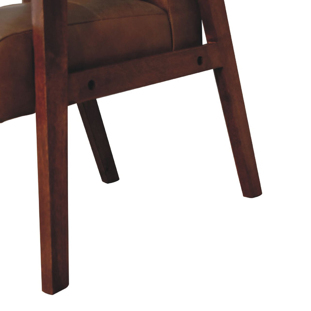 English Elm Brown Buffalo Leather Chair - Chestnut Solid Wood Accent Seat, Timeless Elegance, Cozy Contemporary Style B182P166663