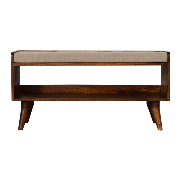 English Elm Mud Linen Nordic Storage Bench - Upholstered Beige With Chestnut Base For Stylish Organization B182P166541