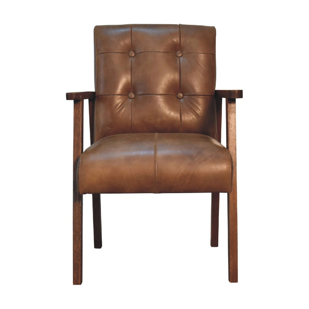 English Elm Brown Buffalo Leather Chair - Chestnut Solid Wood Accent Seat, Timeless Elegance, Cozy Contemporary Style B182P166663