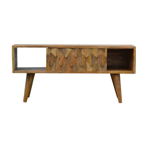 English Elm Pineapple Carve Oak Media Console with Rattan Accent, 1 Open Slot, Sliding Drawer, Nordic Legs B182P166493