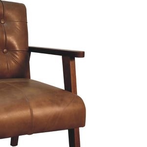 English Elm Brown Buffalo Leather Chair - Chestnut Solid Wood Accent Seat, Timeless Elegance, Cozy Contemporary Style B182P166663
