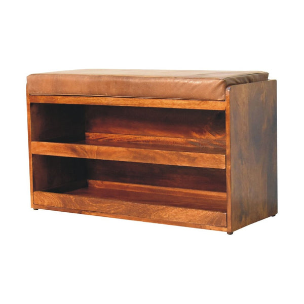 English Elm Solid Mango Wood Shoe Storage Bench With Buffalo Hide Top - Stylish Entryway Organizer & Seat B182P280799-GIGA