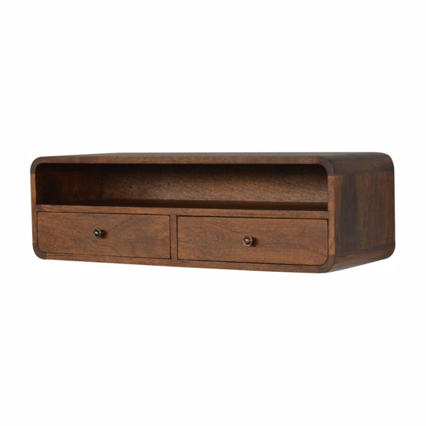 English Elm Floating Chestnut Open Console - 2 Drawer Wall-Mounted Solid Wood Storage, Modern Chestnut Finish B182P166533