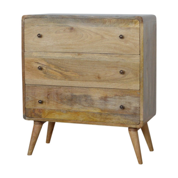 English Elm Curved Oak-ish Chest with 3 Drawers on Nordic Legs — Solid Wood Light Brown, Timeless Modern Accent B182P166520