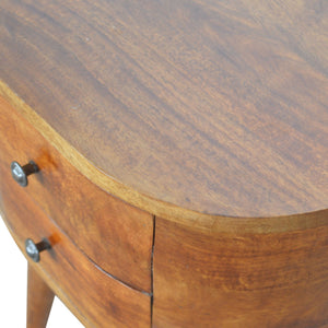 English Elm Chestnut Rounded Bedside Table With 2 Spacious Drawers For Stylish Bedroom Storage & Decor B182P166519