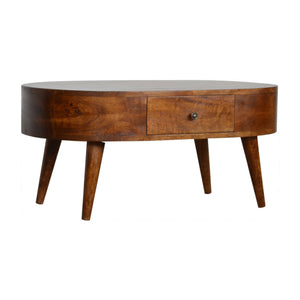 English Elm Chestnut Rounded Coffee Table With Nordic Legs, 2 Drawers For Stylish Living Room Storage & Decor B182P166518