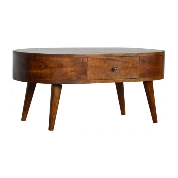 English Elm Chestnut Rounded Coffee Table With Nordic Legs, 2 Drawers For Stylish Living Room Storage & Decor B182P166518
