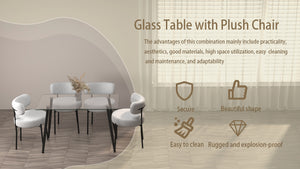 English Elm 51.2'' Modern Dining Table Set With Glass Top & 4 Plush White Teddy Velvet Chairs For Stylish Spaces W2189S00264