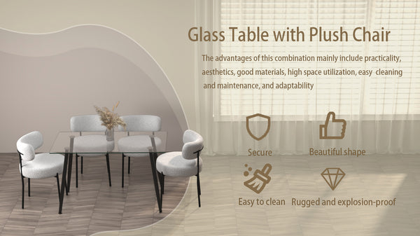 English Elm 51.2'' Modern Dining Table Set With Glass Top & 4 Plush White Teddy Velvet Chairs For Stylish Spaces W2189S00264