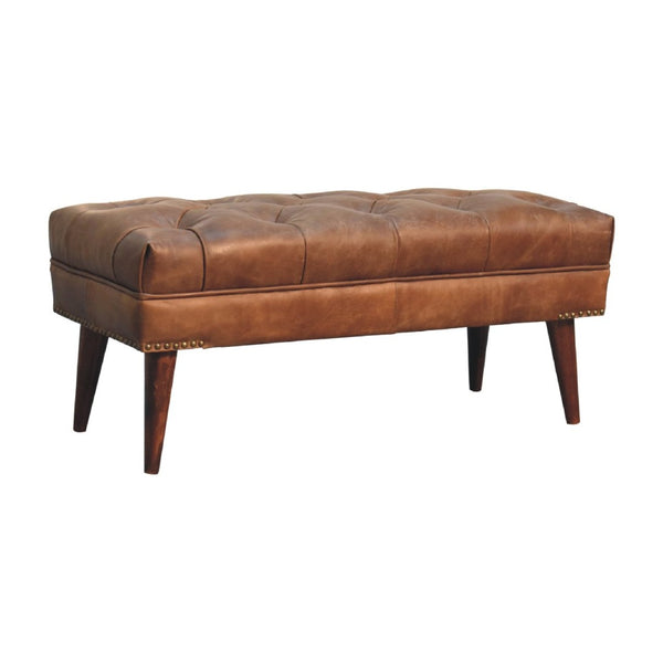 English Elm Solid Wood Harbour Brown Leather Bench - Handcrafted Elegance With Deep Tufting For Timeless Style B182P280813-GIGA