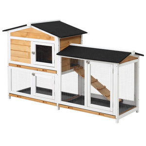 English Elm Pawhut 2-story Wooden Rabbit Hutch Weatherproof Outdoor Run with Ramp and Slide Trays W2225P166455