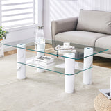 English Elm Modern Minimalist Double Layered Transparent Tempered Glass Coffee Table and Coffee Table, Paired With White Mdf Decorative Columns. Computer Desk. Game Table. Ct-X02