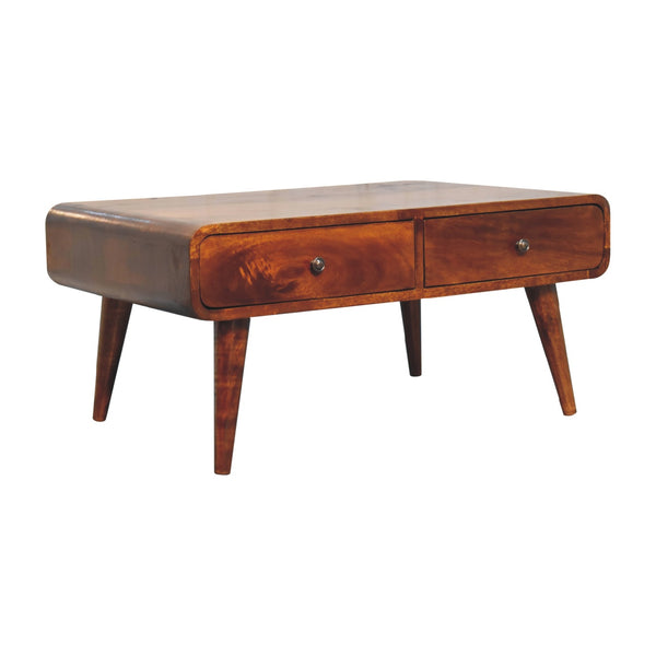 English Elm Sonata Solid Wood Coffee Table with 4 Drawers, Chestnut Brown Finish, Nordic Legs, Timeless Elegance B182P166638