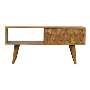 English Elm Pineapple Carve Oak Media Console with Rattan Accent, 1 Open Slot, Sliding Drawer, Nordic Legs B182P166493