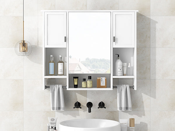 English Elm 35'' Modern Wall-Mounted Medicine Cabinet with Mirror, Ample Storage, Adjustable Shelves & Towel Bar White WF317173AAK